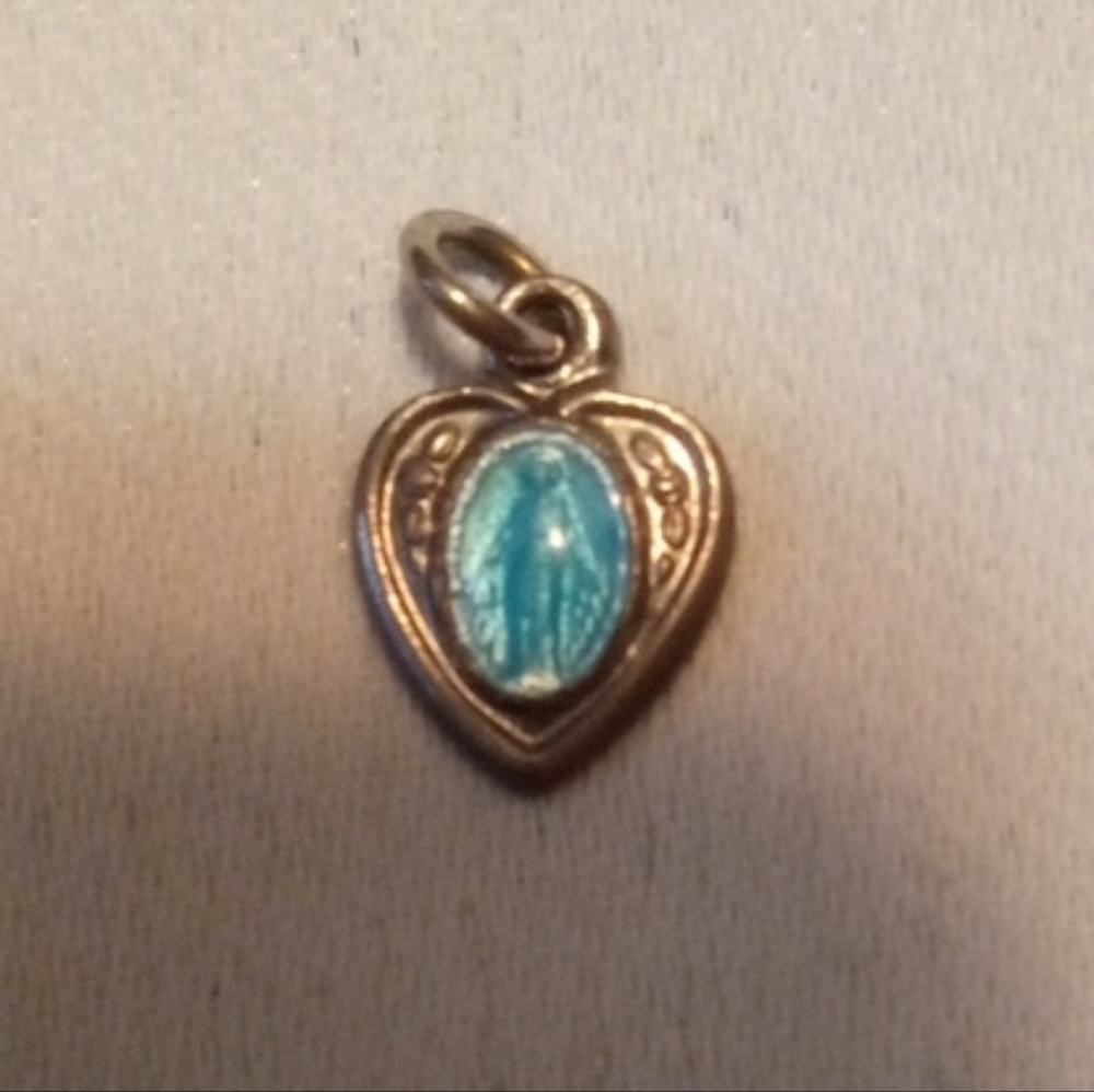 Silver and Blue Heart Charm With Religious Idol